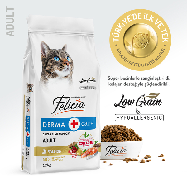 Felicia 12 Kg Kolajenli Somonlu Az Tahıllı Yetişkin Kedi Maması HypoAllergenic Kedi Maması