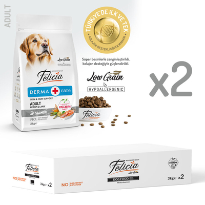 Felicia - Felicia 6 Kg (2x3 Kg) Kolajenli Somonlu Az Tahıllı M/Large Yetişkin Köpek Maması Breed HypoAllergenic Köpek Maması