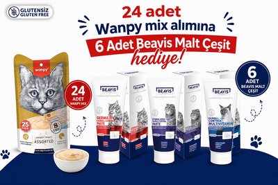  - Wanpy Karışık 8 Lezzetli Krema Kedi Ödülü 25*14 gr RAC-MİX 24 adet alıma , 6 ADET KARIŞIK MALT HEDİYE