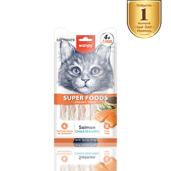 Wanpy Superfood Somonlu, Chia & Deniz Yosunlu 12’li – Krema Kedi Ödülü 5×14 g