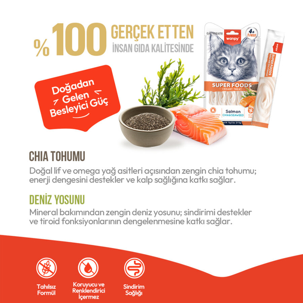 Wanpy Superfood Somonlu, Chia & Deniz Yosunlu 12’li – Krema Kedi Ödülü 5×14 g