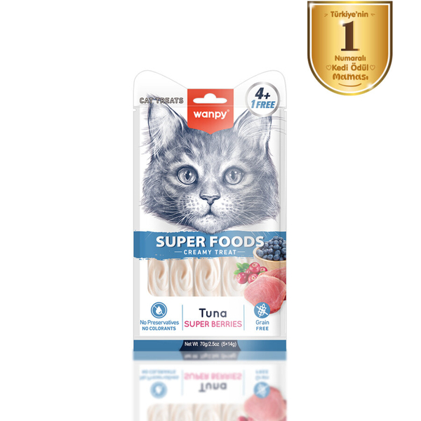 Wanpy Superfood Ton Balıklı, Yaban Mersini & Kızılcıklı 12’li – Krema Kedi Ödülü 5×14 g
