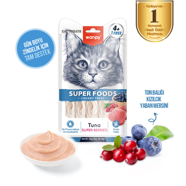 Wanpy Superfood Ton Balıklı, Yaban Mersini & Kızılcıklı 12’li – Krema Kedi Ödülü 5×14 g