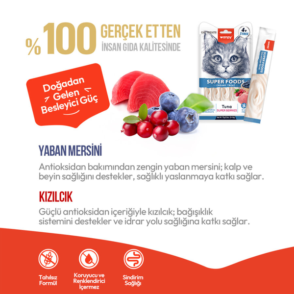 Wanpy Superfood Ton Balıklı, Yaban Mersini & Kızılcıklı 12’li – Krema Kedi Ödülü 5×14 g